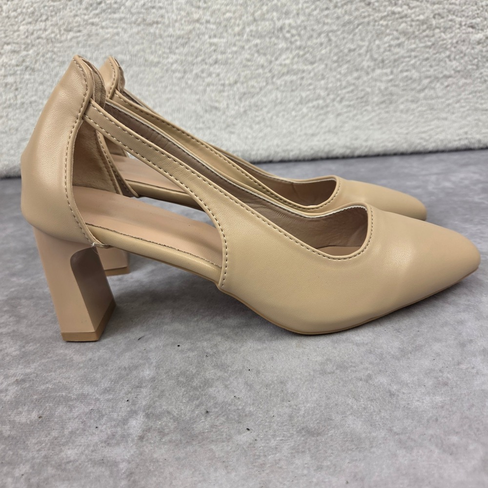 Nude Beige Pointed Toe Block Heel Pumps with Side Cutouts Size 6.5